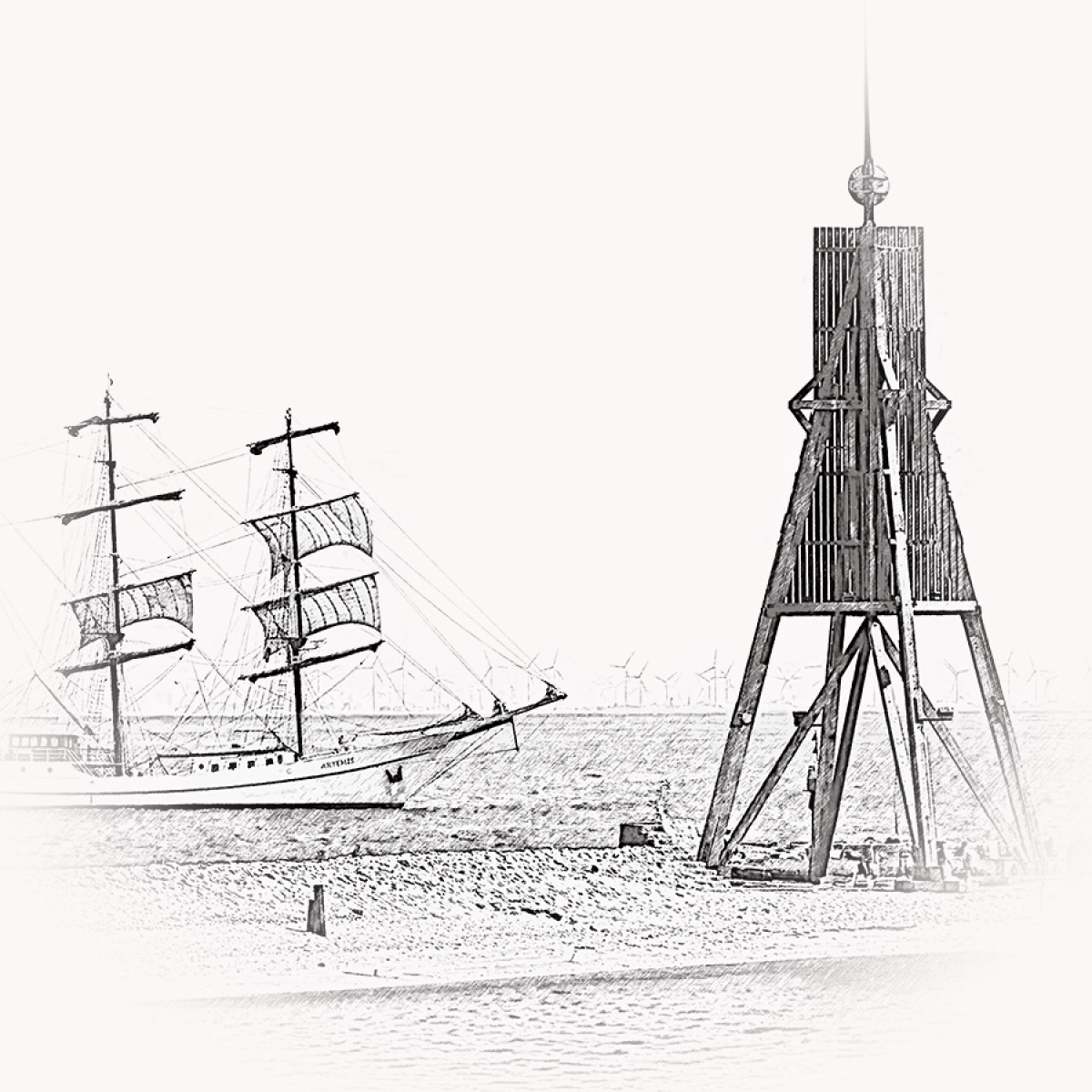Cuxhaven Kugelbake mit Segler – Motiv der Lasergravur